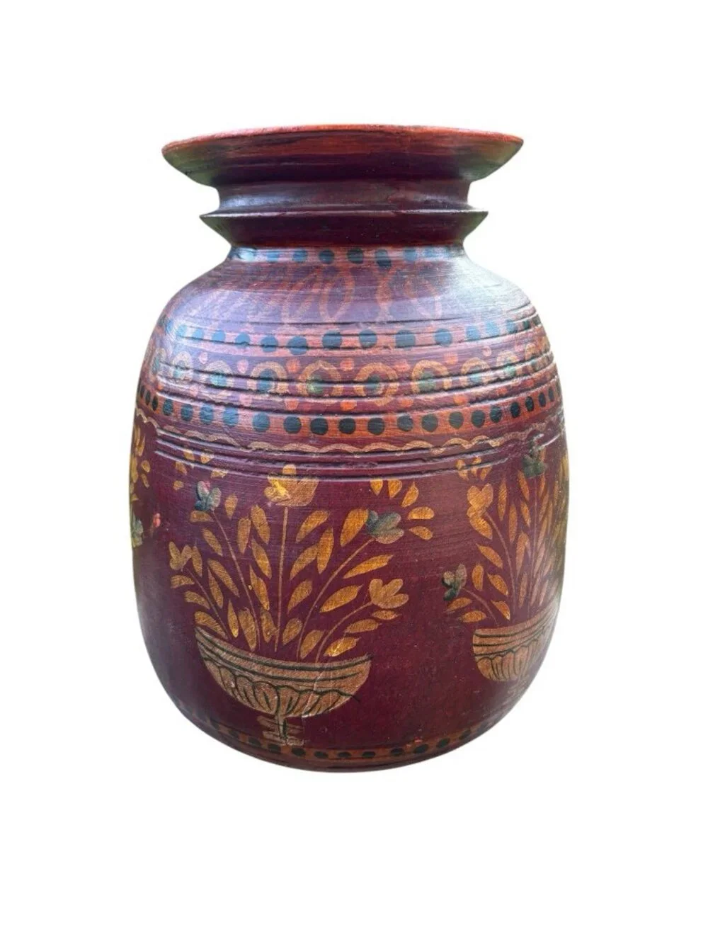 Vtg Kashmiri Hand Painted Wood Vase MCM Indian Lacquerware Folk Art Pot